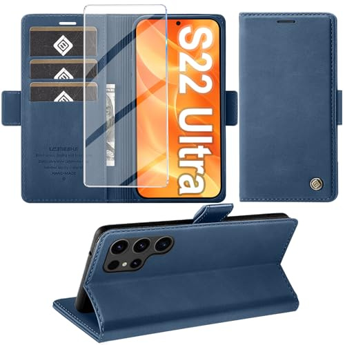 Giyer Handyhülle für Samsung Galaxy S22 Ultra 5G Hülle mit Schutzfolie, Standfunktion Kartenfach Wallet Premium Leder Schutzhülle S22 Ultra Flip Case Cover Stoßfeste Klapphülle 6,8 Zoll