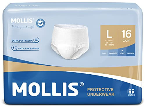 MOLLIS Inkontinenz Pants Erwachsene, Saugfähige Windelhosen für Männer und Frauen, Atmungsaktive Einweghosen, Optimaler Auslaufschutz über Nacht, Unisex, Größe L, 16 Stück