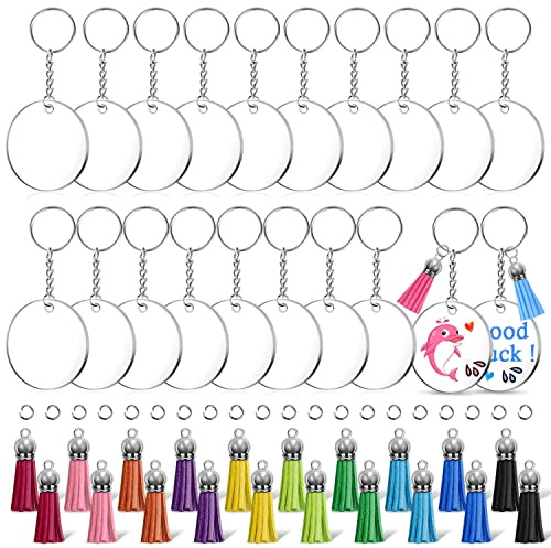 shynek Découpes de porte-clés en acrylique, 100 pièces de fournitures pour chaînes de clés pour ensemble de loisirs avec découpes en acrylique, anneaux pour porte-clés, pompons et anneaux ouverts pour