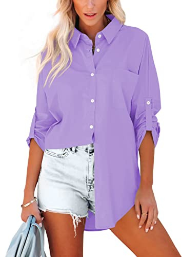 Homlan Camicia da Donna in Cotone, a Maniche Lunghe, Arrotolabile, Elegante, Casual, con Bottoni, Tinta Unita, a Maniche Lunghe, con Tasche sul Petto
