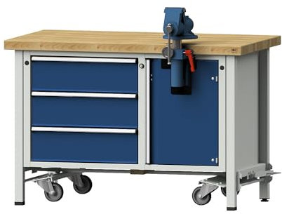 ANKE | Kompaktwerkbank | fahrbar | fahrbar | mit 3 Schubladen und Schraubstock | Breite 1270 mm