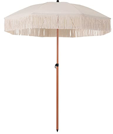 PATIO Faltbarer Strandschirm ∅ 2 m Sonnenschirm Strand mit Fransen Elegant Rund Garten Balkon Terrasse Beige Braun