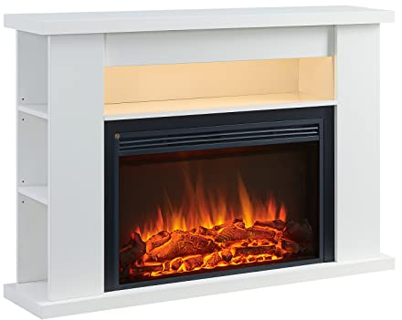 FLAMME 51 Freestanding Electric Fireplace Suite, Lipson, White | With 1kW-2kW Fireplace Heater, Storage Shelves, 4 Dimmable LED Flame Options and Warm White Mood Lighting, Remote Control