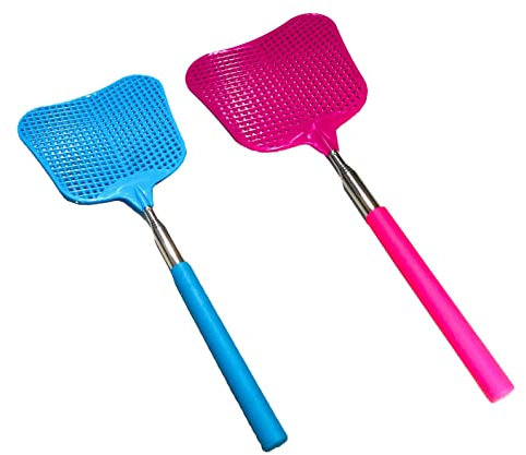 Matamoscas telescópicos, juego de matamoscas de plástico duradero, asas extensibles de acero inoxidable para interiores y exteriores, paquete de 2