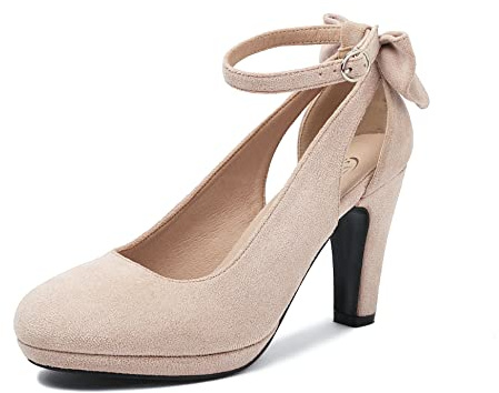 elerhythm Mary Jane Heels med rosett retro stängd rund tå mocka ankelrem pumpar Gatsby vintage skor, NAKEN, 40 EU