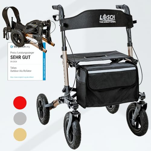 Lösch Reha Mobility Rollator - 3-fach faltbar & leicht mit Sitz, Preis-/Leistungssieger, Outdoor mit Luftbereifung, Sitzfläche & Rückengurt für Senioren