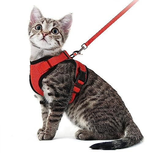LATRAT Atmungsaktiver Brustgurt für Katzen, Katzenleine, reflektierend, Katzengeschirr mit Leine, auch für kleine Hunde geeignet (Rot, XS)