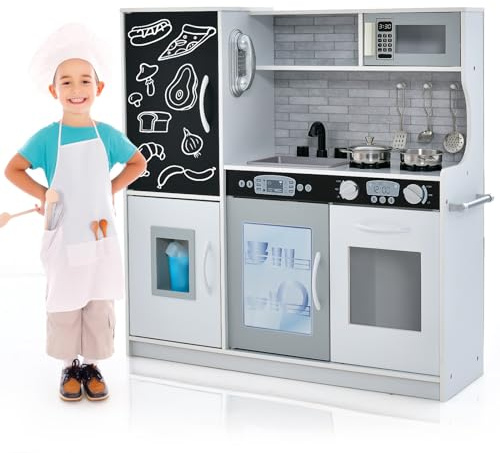 COSTWAY Cucina Giocattolo per Bambini, Cucina Legno per Bambini con Lavagna, Telefono, Microonde e Macchina per Ghiaccio, con Accessori e Suoni Realistici, per 3-6 Anni (Bianco)