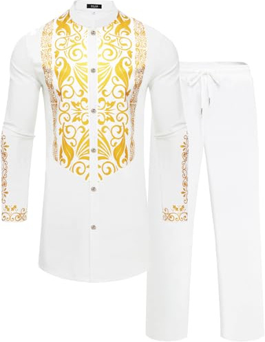 ZSJR Mens African 2 Piece Set Metallic Traditional Suit Gold Stamp Printed African Dashiki Shirt and Pants Outfit