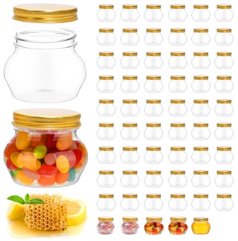 60 Pcs 4 oz Clear Plastic Jars with Lids Mini Storage Containers Wide Mouth Mason Jars Bulk for Jam Herb Jelly Candy Wedding Favors Shower Party Favors (Gold)