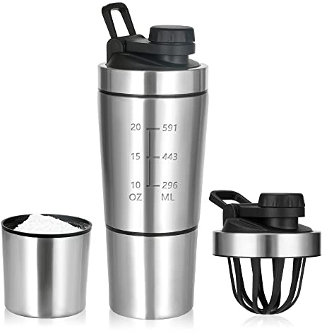ROCKY&CHAO Edelstahl Protein Shaker 700+200 ML Protein Eiweiß Shaker Becher mit Pulverfach für Sport & Fitness | Edelstahl