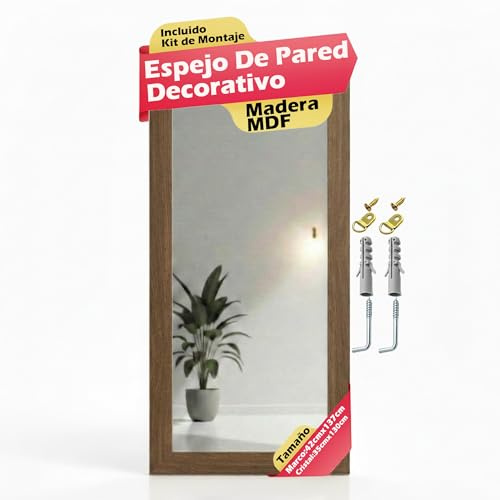 CHELY INTERMARKET MOD128 Espejo Pared Vertical Decorativo Grande Estilo Moderno Marco Madera Cuerpo Entero Elegante 35x130 cm Nogal Ideal Recibidor Dormitorio Baño Incluye Kit Montaje