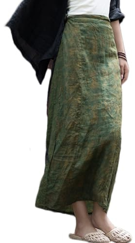 Gonna da donna con fessura avvolgente da annodare cinese con stampa floreale elegante vintage gonna lunga, Verde, Taglia Unica