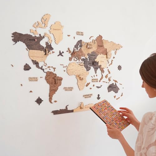 Creatifwood Carte du Monde Murale en Bois 2D – Décoration Murale, Art Mural Voyage, Suivi de Voyages, Idée Cadeau pour Salon, Bureau ou Chambre – Multicolor, 80 x 55 cm
