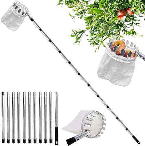 Obstpflücker mit Teleskopstiel,4.2M Apfelpflücker, Kirschenpflücker mit Leichter Edelstahl Teleskoppfahl und Baumwollbeutel,Für Die Ernteernte Apfel-Zitrus-Birnen-Pfirsich Usw.