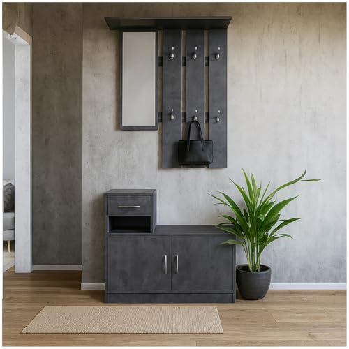 HTI living Garderobe Beton mit Spiegel Schrank und Ablage für Flur Diele oder Eingangsbereich mit Spiegel Hutablage und 5 Kleiderhaken