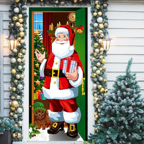 VOPIWOZ Christmas Door Cover, 90 x 185 cm Türvorhang Weihnachten, Hängender Weihnachtsmann Deko Draußen Türvorhang, Türdeko Weihnachten mit Ribbon, Weihnachten Banner für Winterdeko Weihnachtsfeier