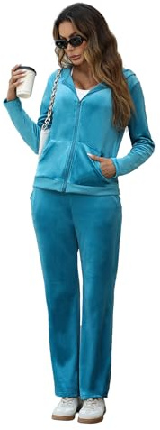 Marvmys Velour Tracksuit Womens 2 Piece Outfits Velvet Sweatsuit Jogging Suit Full Zip Up Hoodie and Sweatpants Set, Blue, Large