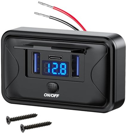 Linkstyle 12V USB Steckdose mit Voltmeter und Schalter, 36W USB-C & Dual 18W QC3.0 Schnellladegerät, 12V/24V Aufputz Ladebuchse für Wohnmobil Wohnwagen Boot Auto LKW