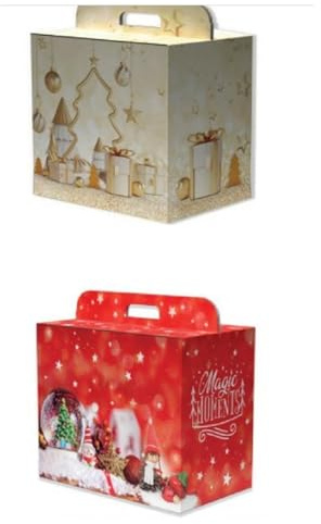 Ellycart - Scatola Natale con maniglia per confezione panettone, bottiglia e altro - cesto natalizio, regalo 28x20,5x34h - cf. 20 pz - fantasia casuale