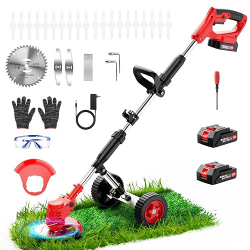 Kidovin 21V Strimmer Cordless Grass Trimmer, 3 in1 Cordless Strimmer with 2Pcs Batteries, Detachable Wheels, 4 Kinds Blades, Electric Garden Strimmer Grass Cutter Brush Cutter for Garden Clearing