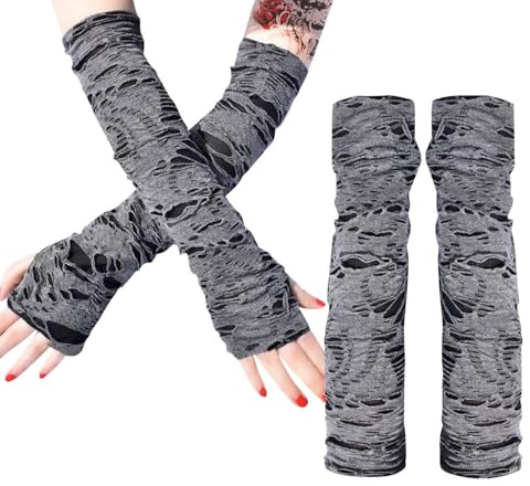 HDGSAFD 2 Paar Zerrissene Fingerlose Handschuhe, Gothic-Design, Unisex, Rock N Roll, Dunkelgrau, Medium (23 cm), Polyester
