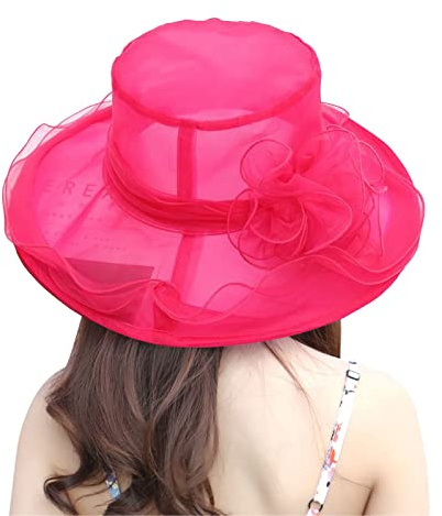 SRZYMJ Hot Rosa Hut Frauen 1Pcs Damen Organza Kirche Fascinator Braut Hochzeit Sonnenhüte Tee Party breite Krempe Sonnenhut mit großer Strandmütze Organza-Hüte