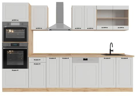 Vicco Küchenzeile R-Line, Weiß Landhaus/Goldkraft Eiche, 300 cm | 8 Module · Höhenverstellbare Füße · AP Eiche inkl. · MDF-Fronten · Mit Backofen-/Mikrowellenschrank · Frei kombinierbar