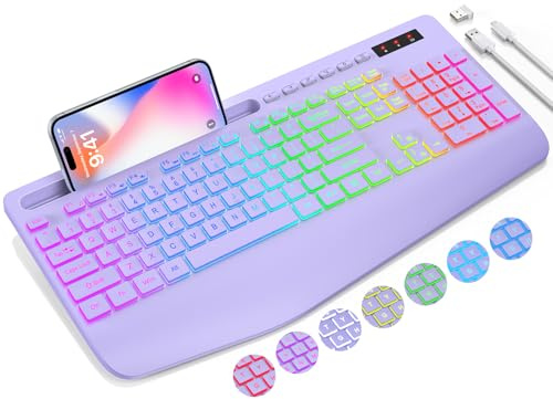 SABLUTE Teclado inalámbrico con 9 efectos retroiluminados, reposamuñecas, soporte para teléfono, teclados ergonómicos sin retrasos de 2.4 G, recargable, silencioso, inalámbrico, para computadora,