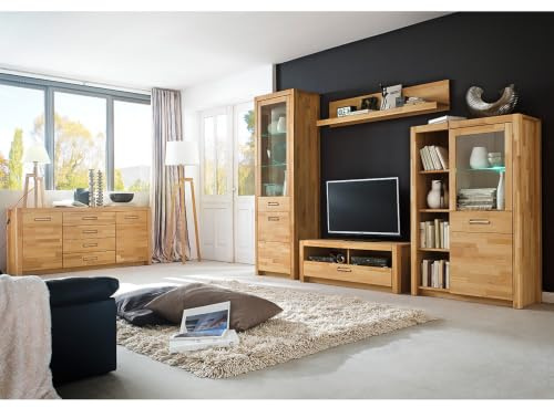 Lomadox Wohnmöbel Set Wohnwand, Kernbuche massiv geölt keilgezinkt, 5-teilig, Echtholz/Massivholz, 1 Highboard, 1 Lowboard, 1 Sideboard, 1 Vitrine, 1 Wandregal, inkl. LED-Beleuchtung