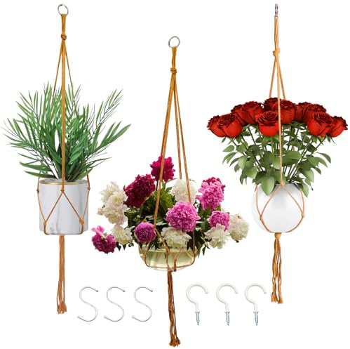 CHYGER Macrame Plant Hangers Planter Flower Pots Holder 3 Pack Basket Stand Tassels with 6 Hooks Kit Cotton Rope for Decorative Indoor Outdoor Patio Garden Boho Home Décor (POTS NOT Included) (BROWN)