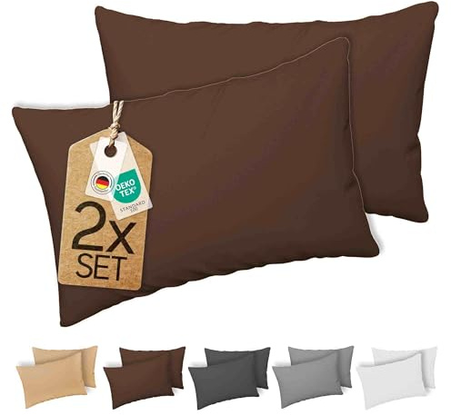 etérea Kissenbezug 70x90 Baumwolle - 2er Set Kissenbezüge - Braun - Oekotex - Kopfkissenbezug 70x90cm - Jersey Kissenhülle für Kissen 70 x 90 cm mit Reißverschluss - Brown