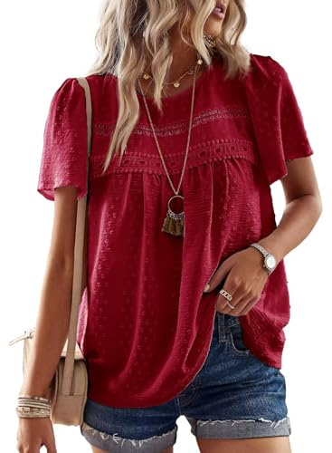 TUUHAW Femme Chemisier Boho Blouse Manches Courtes Col Rond Tunique Fluide | Dentelle T-Shirt, Décontracté Tops, Chemise Chic et Élégant, Été Fluide Hauts, Confortable T-Shirt, Vacances Formel Blouse