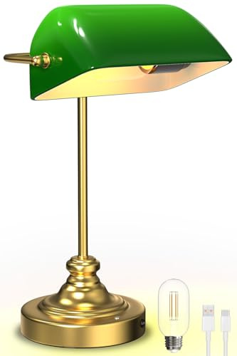 LGMCF Lampada da tavolo da banchiere con base color bronzo antico, paralume in vetro verde e interruttore a corda per casa e ufficio