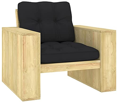 Mandloder Gartenstuhl mit Schwarzen Kissen, Imprägniertes Kiefernholz, Witterungsbeständiger Outdoor Lounge Sessel für Garten, Terrasse & Balkon, Bequemer Gartenmöbel Polstersessel, 89x76x76 cm
