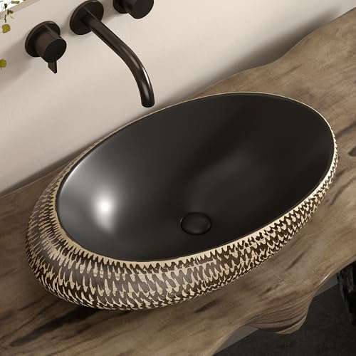WinZo Bathroom Artistic Vessel Sink, 24x16x5.9 inch Oval Bowl Sink, Retro Ceramic Washbasin Above Counter, Ceramic Porcelain Bathroom Sink Bowl for Vanity, Carving Brown (Carving Black)