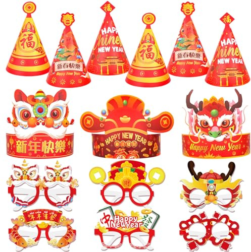 DPKOW Cotillons Nouvel an Chinois 2026, 24pcs Papier Chapeaux de Lunettes de Fête du Nouvel An Chinois Bonbonnières Fournitures 2026 Accessoires Cabine Photo Drôle Lunettes Chapeaux