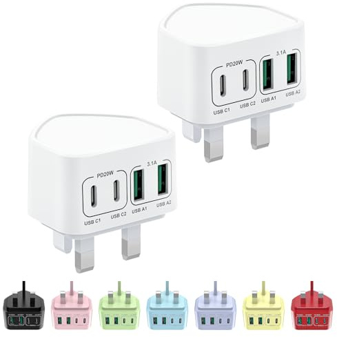 2-Pack USB C Plug UK, 40W 4-Port Multi USB Plug Fast Charger Dual PD Power Adapter +QC Multiport Wall Charge Head Mains Type C Charging Plug for iPhone 17 16 15 14 13 12 11 Pro Max Plus, iPad