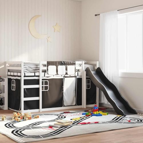 GeenYuu Etagenbett mit Rutsche, Vorhang, Weiß & Schwarz, 80x200 cm, Kiefer Massivholz, Spielbett für Kinderzimmer, mit Rausfallschutz