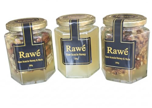 Rawé Raw Acacia Honey Gift Set, 3 Hexagonal Glass Jars, Pure Honey 330g with Mixed Nuts 280g and Walnuts 280g