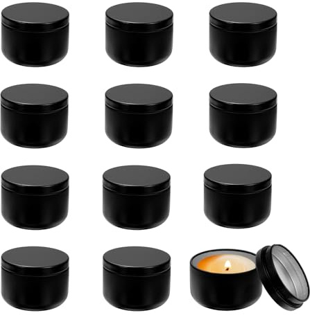 QUARKZMAN 12 Piezas Latas De Velas De 3 Onzas Recipientes Redondos Negro | Latas De Metal Para Velas Con Tapas, Vacíos A Granel, Para Almacenar Té Y Hacer Manualidades Artesanías regalos