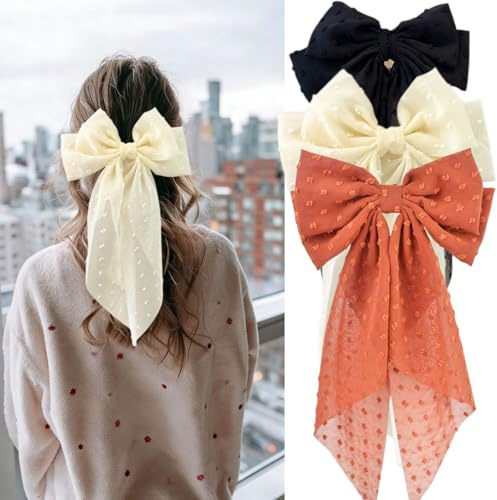 3 Stück Haarschleife Damen, Schleife Haare 3 Farben, Grosse Schleifen Haarklammern Bow, Lange Schwanz Hair Bows, Französische Haarspange für Lockiges Glattes Haar, Accessoire