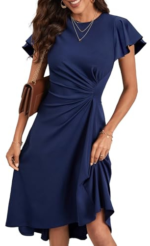 HUXRAKV Robe Femme Chic et Elegant Midi Robe de Cocktail Mancheà Volants Robe Unie A-Line à Plis de Taille Robe de Soirée Fête Affaires