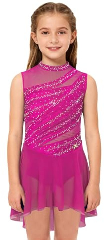 Yihuimin Vestido de patinaje artístico para niña, sin mangas, vestido de patinaje artístico, vestido de ballet, vestido de danza, traje de gimnasia rítmica, maillot de danza, rosa oscuro, 110-116