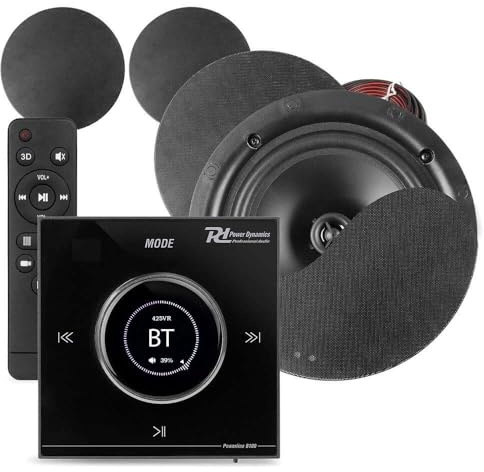 Power Dynamics B100B Bluetooth Deckenlautsprecher 4er Set - 4X Einbaulautsprecher 6,5 Schwarz – 100 Watt Verstärker Schwarz – Unterputzradio, 55mm Tief - Radio, USB & SD für Wohnzimmer, Büro, Gastro