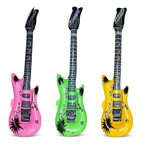 Ovanda 3 Stück Aufblasbare Gitarre, ca. 95 cm Luftgitarre Aufblasbar Bunt | Rock Party Deko, 80er 90er Party Zubehör, Fotobox Requisiten, Musik Partys Deko für Geburtstag Mottoparty Festival Partys