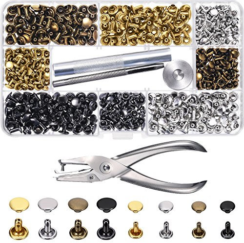 240 Set Leather Rivets Double Cap Rivet Tubular Metal Studs 2 Sizes with Punch Pliers and 3 Pieces Setting Tool Kit for Leather Craft Repairs Decoration, 4 Colors
