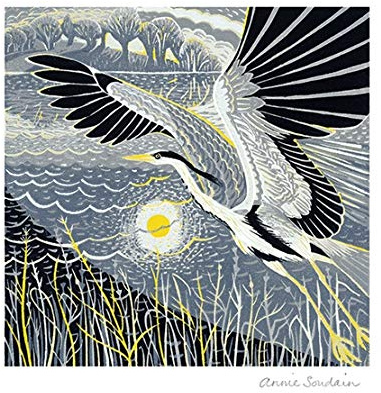 The Art of Print Attractive Artistic Male/Female Blank Greeting Card from Range - Linocut Heron in Flight, at Full Stretch by Annie Soudain - Greeting Card for Him/for Her (MG-373935 KYG)
