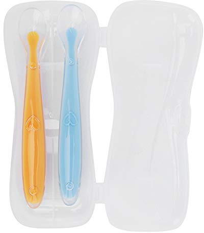 Cucchiai da bambino in silicone da 2 pezzi, cucchiai da neonato con scatola per l'alimentazione del bambino e lo svezzamento dei neonati di età superiore ai 4 mesi(giallo e blu)