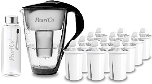 PearlCo - Glas-Wasserfilter (schwarz) mit 12 Universal classic Filterkartuschen + 1 Trinkflasche aus Glas